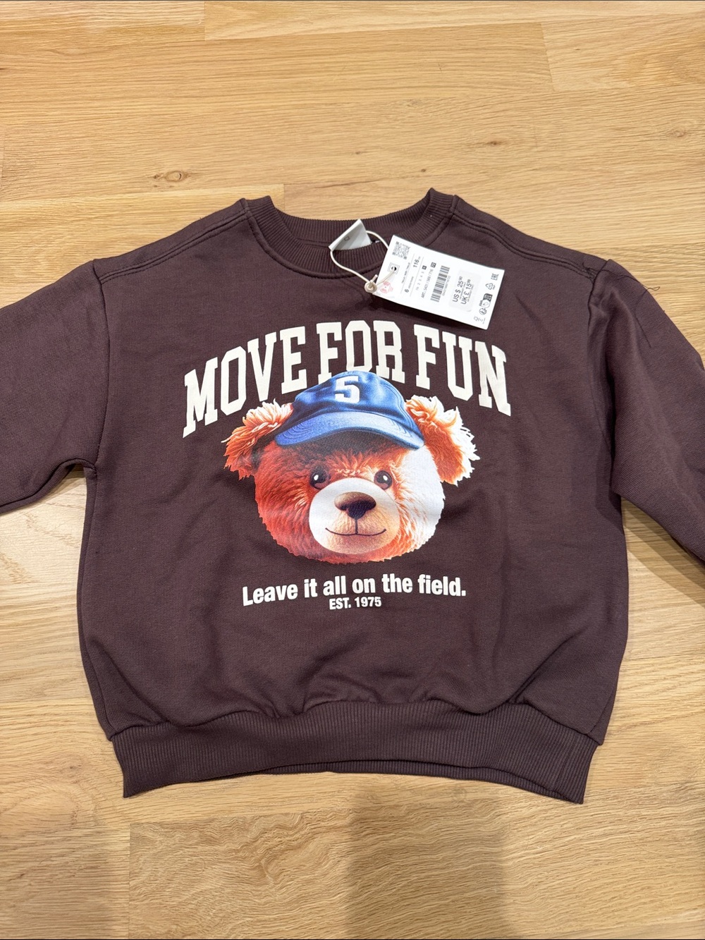 Zara Brown Kids 'Move For Fun' Bear Graphic Sweatshirt